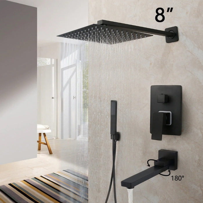 8/16 Inches Matte Black Square Waterfall Spray Shower Set