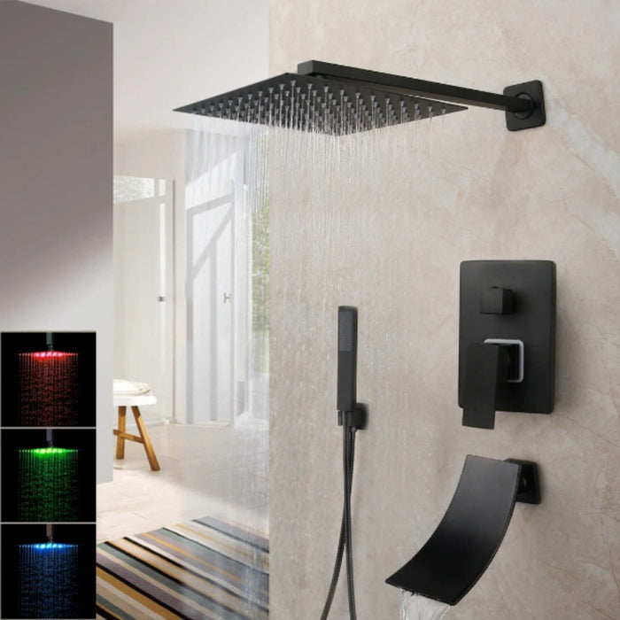 8/16 Inches Matte Black Square Shower LED Faucet Set
