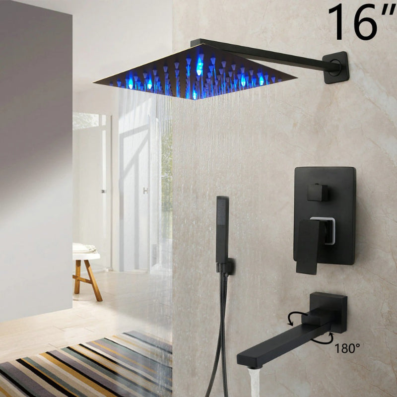 8/16 Inches Matte Black Square LED Waterfall Spray Shower Set