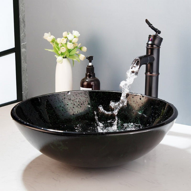 Tempered Glass Green Stone Round Wash Basin Set