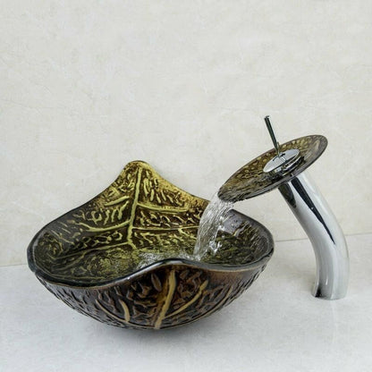 Brown Golden leaf Vessel Tempered Glass Sink Set
