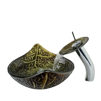 Brown Golden leaf Vessel Tempered Glass Sink Set