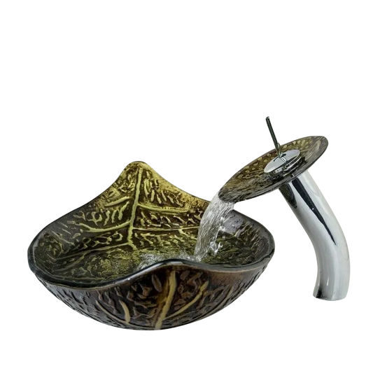 Brown Golden leaf Vessel Tempered Glass Sink Set