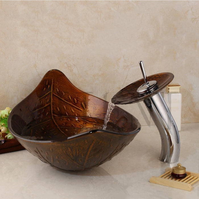 Brown Golden leaf Vessel Tempered Glass Sink Set