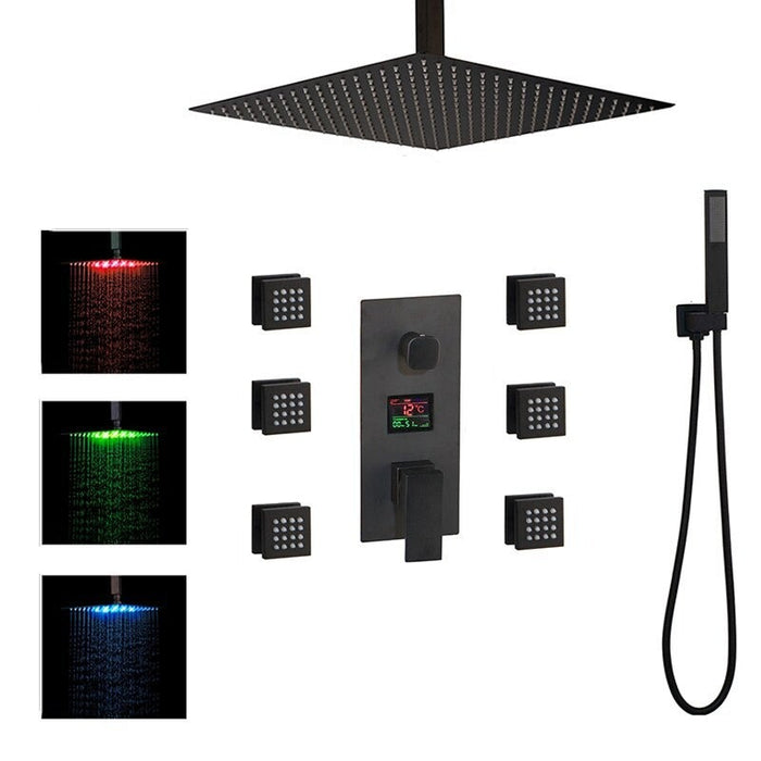 Black Wall Mounted Square Style Brass Waterfall LED Shower Set