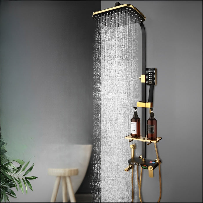 Black LED Digital Thermostatic Shower Mixer Faucet Set With Shelf