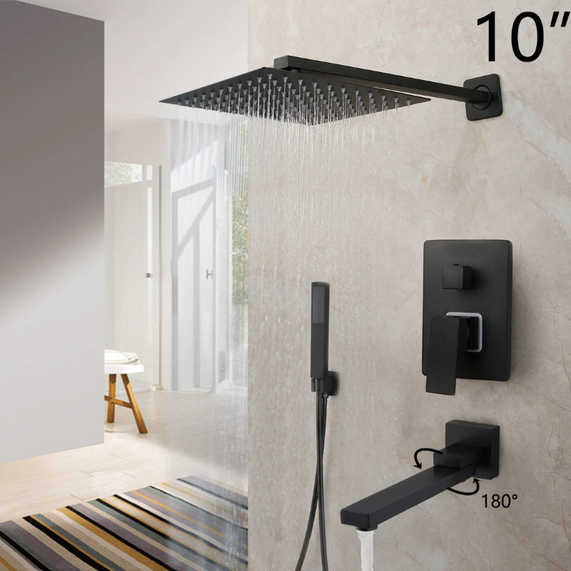 8/16 Inches Matte Black Square Waterfall Spray Shower Set