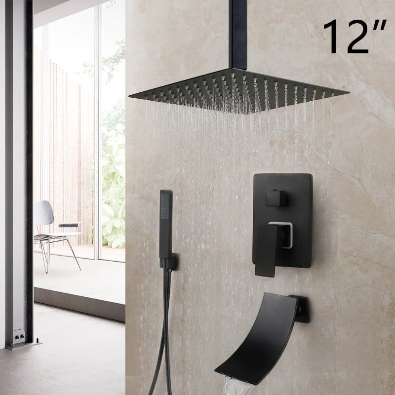 8/16 Inches Matte Black Rainfall Shower Faucet Set