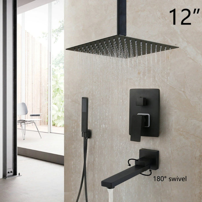 8/16 Inches Matte Black Square Waterfall Spray Shower Faucet Set