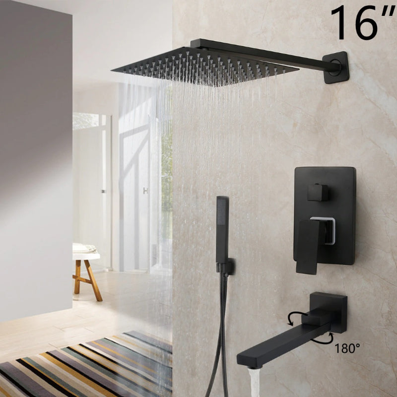 8/16 Inches Matte Black Square Waterfall Spray Shower Set