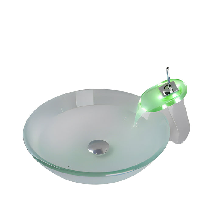 Tempered Glass Sink With Waterfall LED Faucet Tap Set