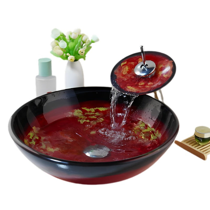 Red Marble Vein Double Layer Tempered Glass Sink Set