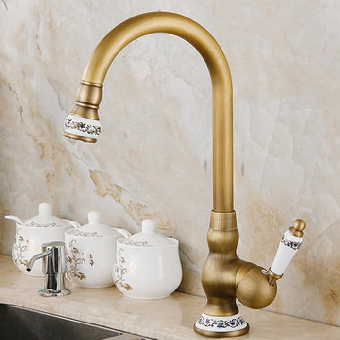 Antique Brass Kitchen Sink Faucet - Solid Brass Construction | Swivel Spout