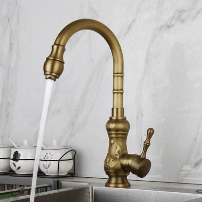 Antique Brass Kitchen Sink Faucet - Solid Brass Construction | Swivel Spout