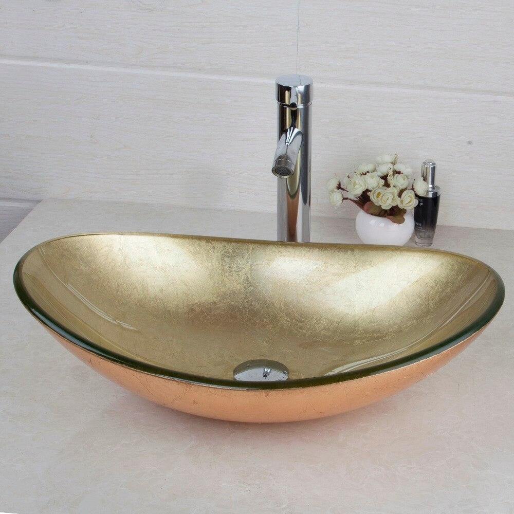 Gold Tempered Glass Bathroom Basin Sink Set