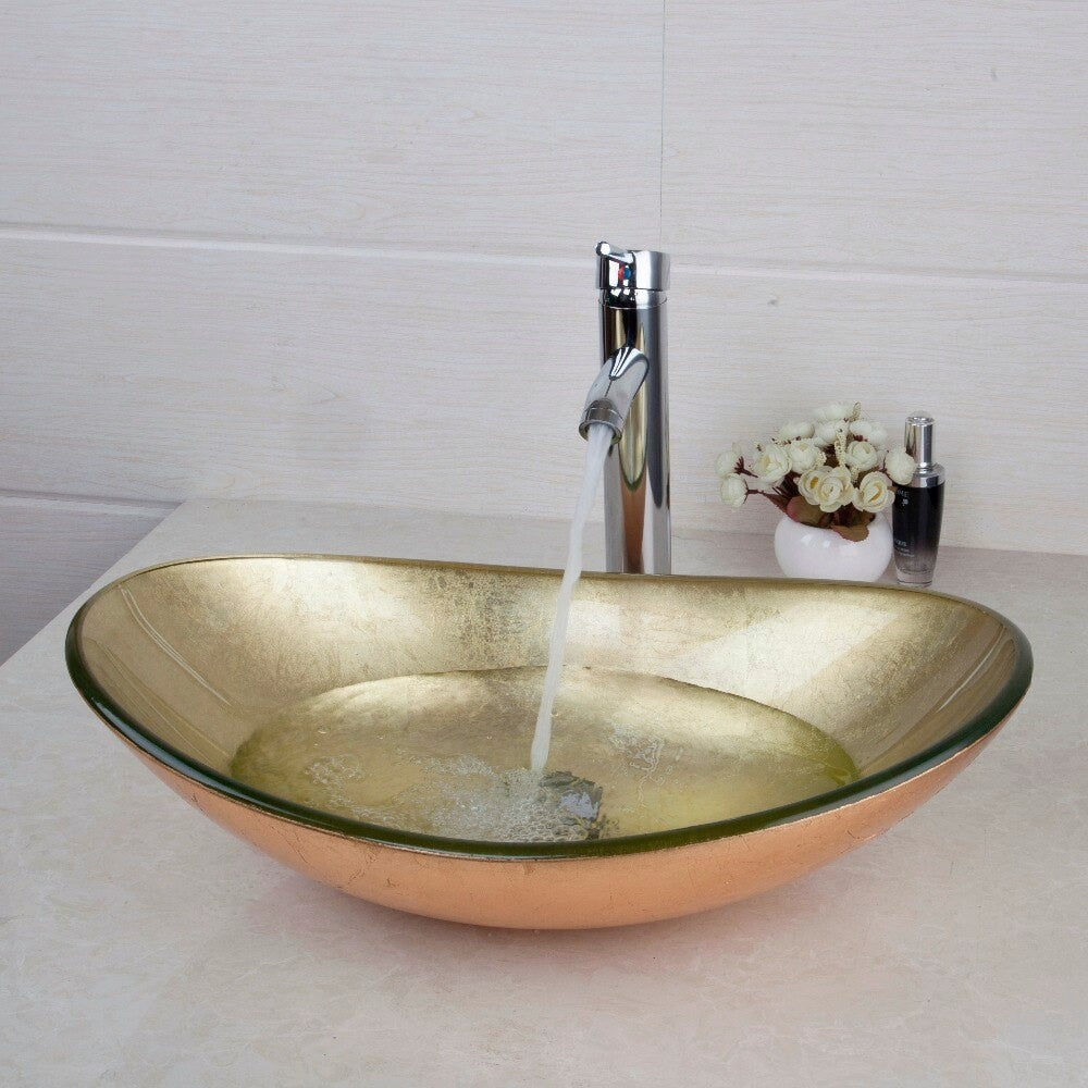 Gold Tempered Glass Bathroom Basin Sink Set