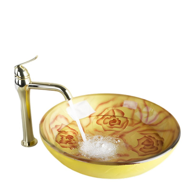 Yellow Rose Painting Round Bathroom Sink Set