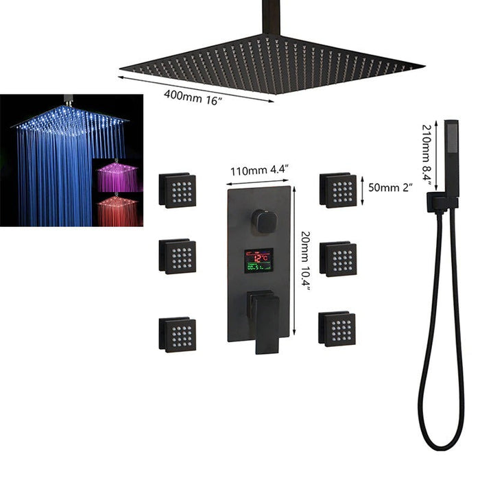 Black Wall Mounted Square Style Brass Waterfall LED Shower Set