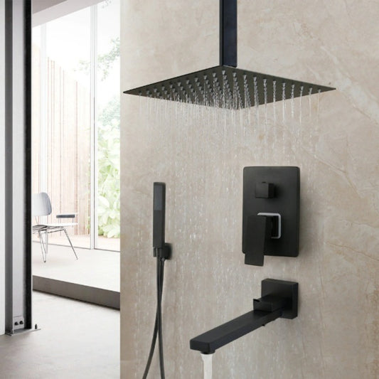 8/16 Inches Matte Black Square Waterfall Spray Shower Faucet Set