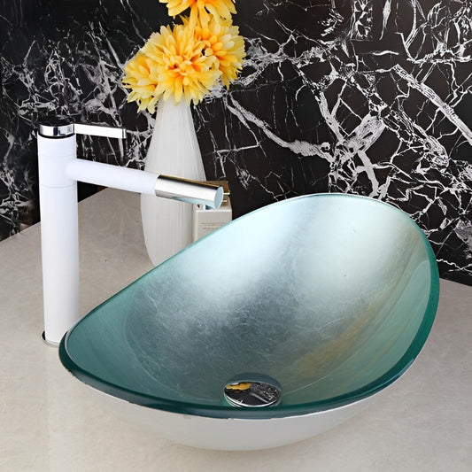 Glass Bowl Sink With Brass White Swivel Spout Faucet