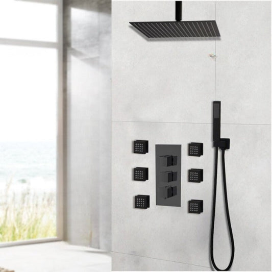 Matte Black Bathroom Thermostatic Rainfall Shower Faucet Set