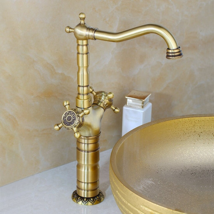 Antique-Brass Carved Bathroom Waterfall Faucet Mixer Tap