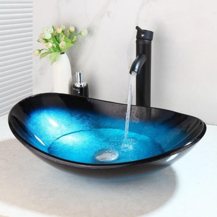 Blue Tempered Glass Basin Sink Vessel Drain Combo Set