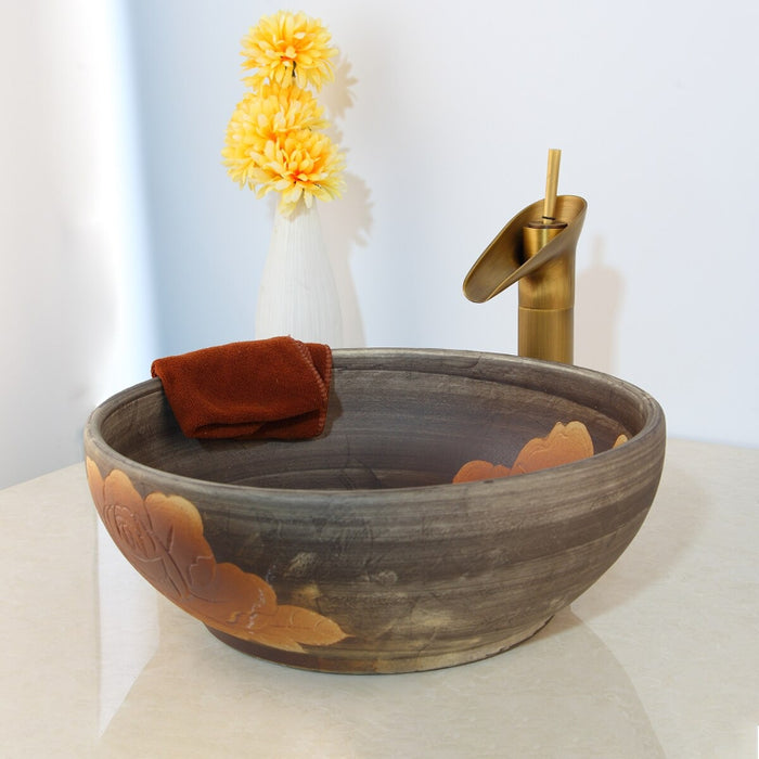 Antique Brown Art Ceramic Vessel Sink Basin Set
