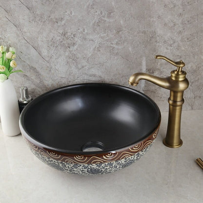 Antique Brass Round Ceramic Wash Basin Faucet Set