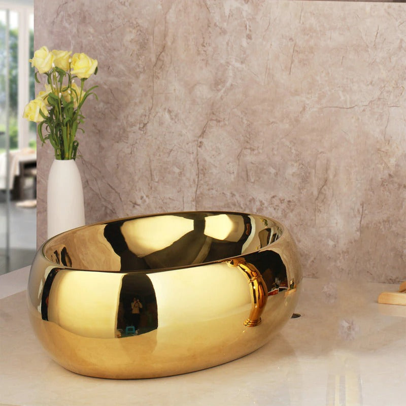 Golden Ceramic Washbasin Sink Embossed Faucet Brass Set