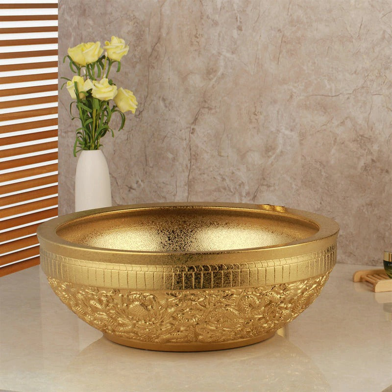 Golden Ceramic Washbasin Sink Embossed Faucet Brass Set
