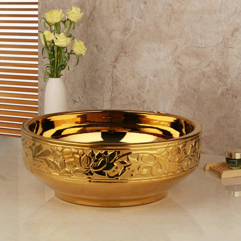 Golden Ceramic Washbasin Sink Embossed Faucet Brass Set