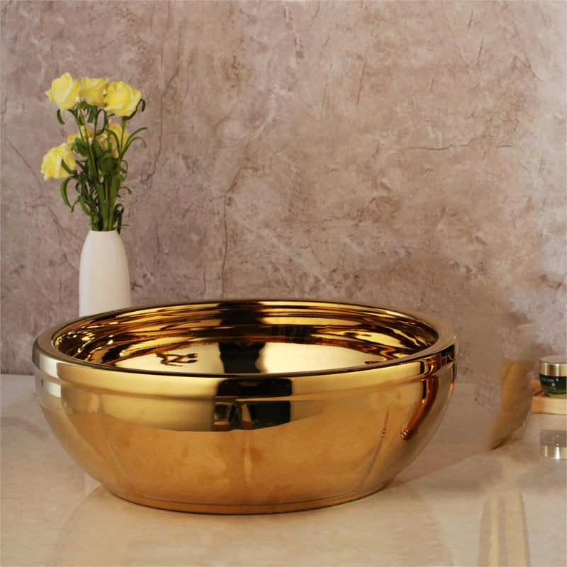 Golden Ceramic Washbasin Sink Embossed Faucet Brass Set