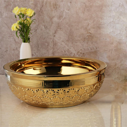 Golden Ceramic Washbasin Sink Embossed Faucet Brass Set