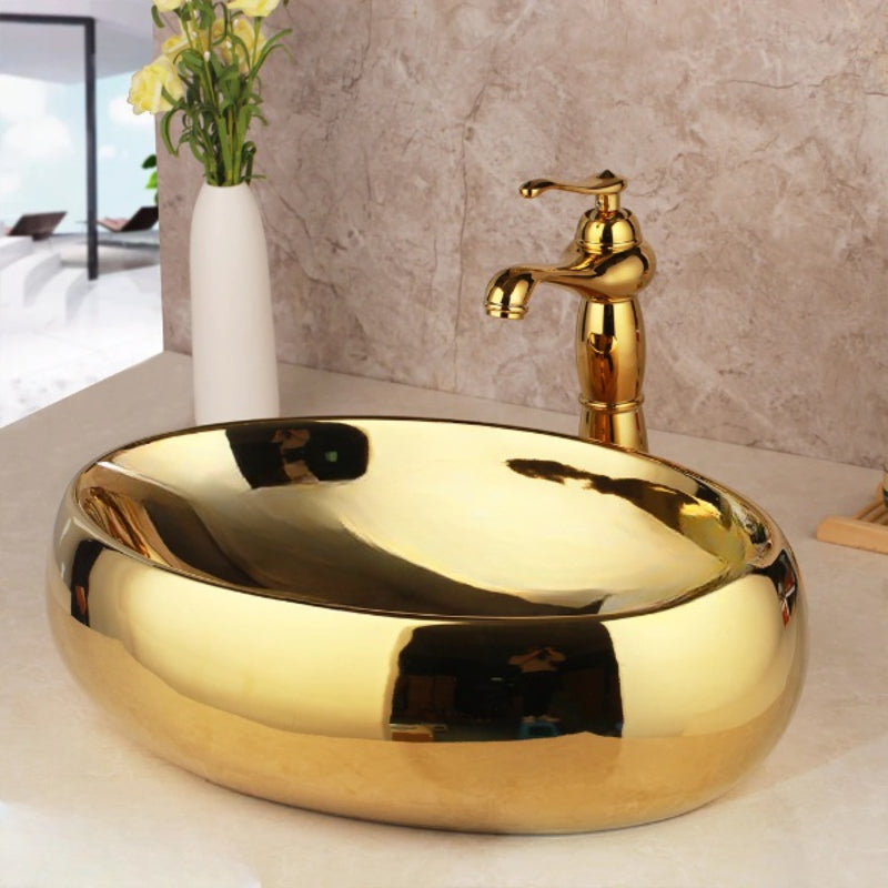 Golden Ceramic Washbasin Sink Embossed Faucet Brass Set