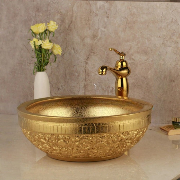 Golden-Ceramic Washbasin Basin Sink Tap Set