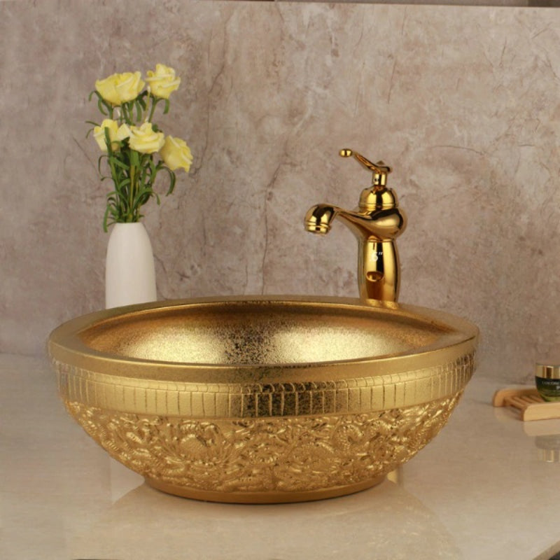 Golden Ceramic Washbasin Sink Embossed Faucet Brass Set