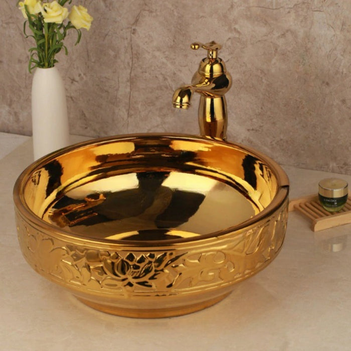 Golden Ceramic Washbasin Sink Embossed Faucet Brass Set