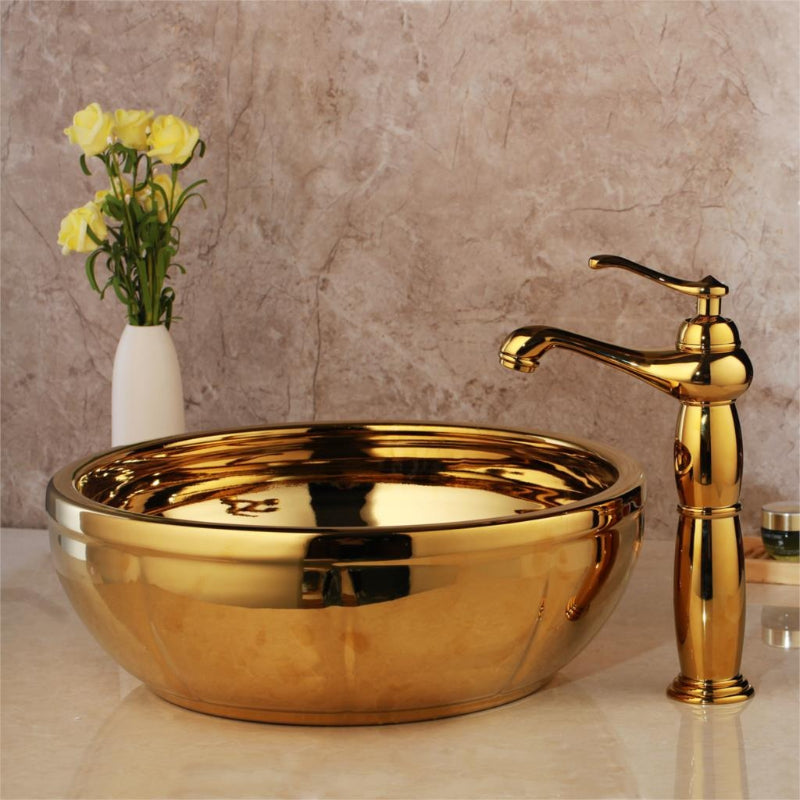 Golden Ceramic Washbasin Sink Embossed Faucet Brass Set