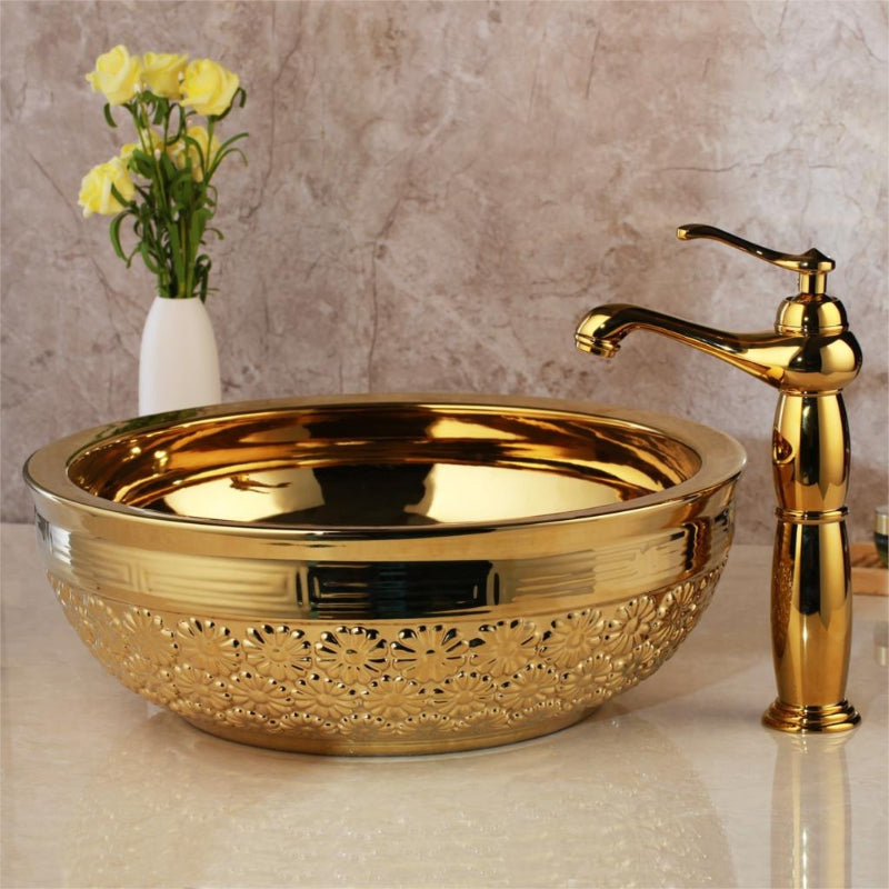 Golden Ceramic Washbasin Sink Embossed Faucet Brass Set