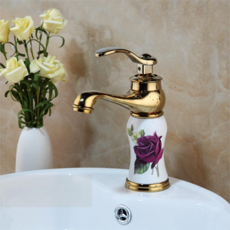 Single Handle Gold Polished Deck Mounted Bathroom Faucet