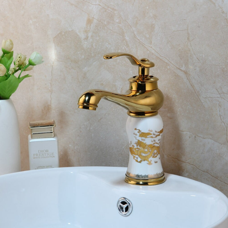 Single Handle Gold Polished Deck Mounted Bathroom Faucet