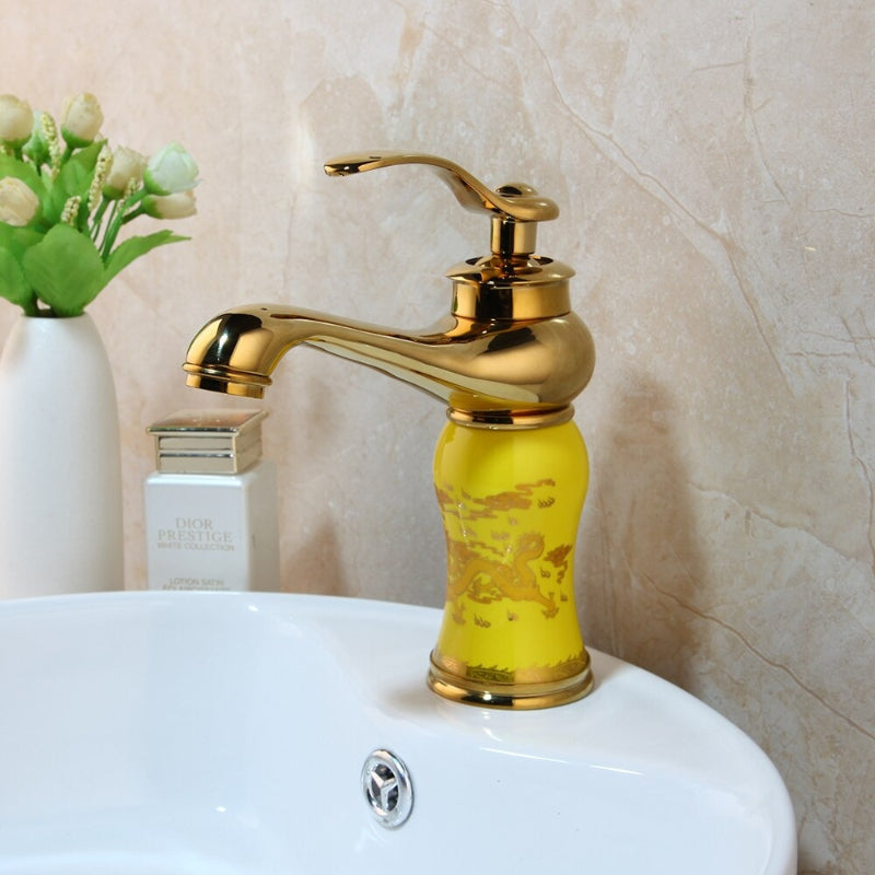 Single Handle Gold Polished Deck Mounted Bathroom Faucet