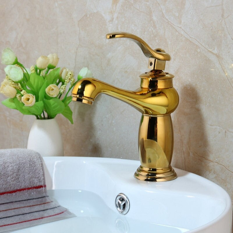 Single Handle Gold Polished Deck Mounted Bathroom Faucet