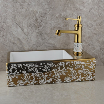 Golden Ceramic Washbasin Vessel Faucet Set