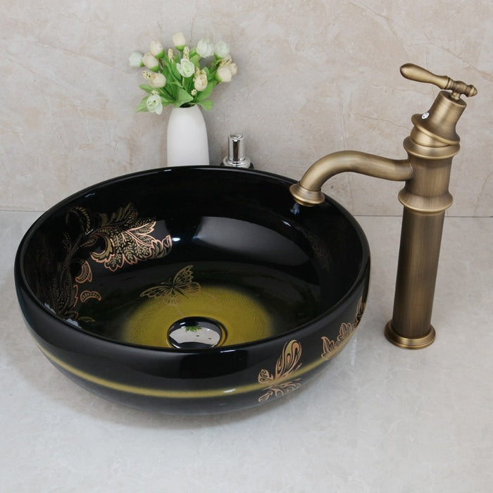 Black Round Flower Design Bowl Vessel Sinks