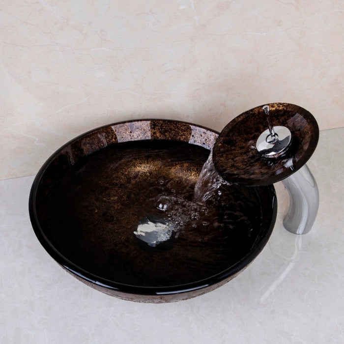 Dark Brown Tempered Glass Hand-Painted Sink Set