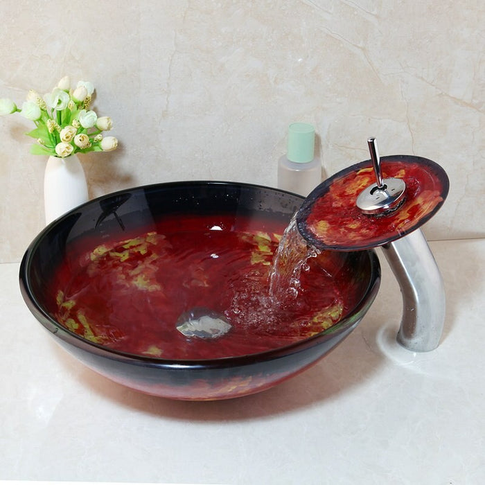 Red Marble Vein Double Layer Tempered Glass Sink Set