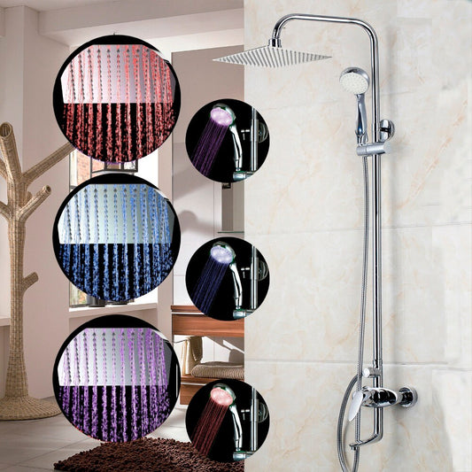 Square Wall Mount Chrome Polished LED Rain Shower Set