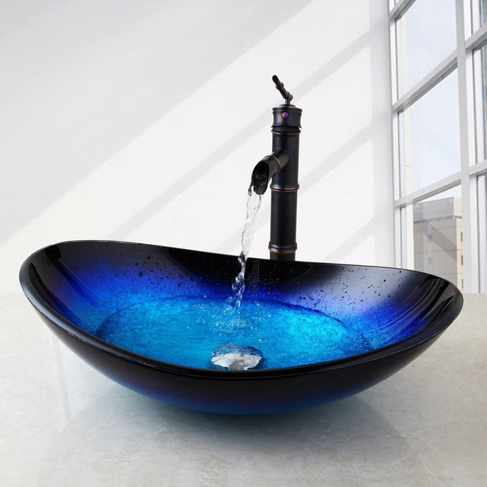 Blue Tempered Glass Basin Sink Waterfall Faucet Set